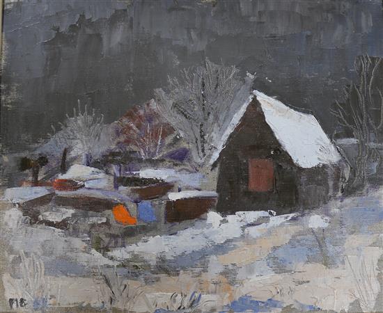 M Cole, oil on board, winter landscape, 24 x 29cm